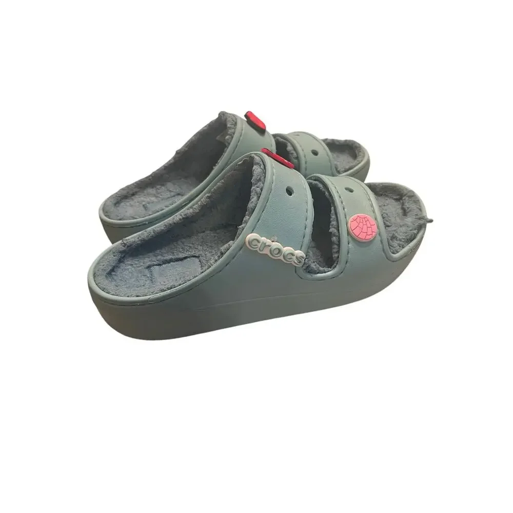 Crocs Woman's 8 Fuzzy Teal Classic Cozzzy Dual Strap Lined Platform Sandals